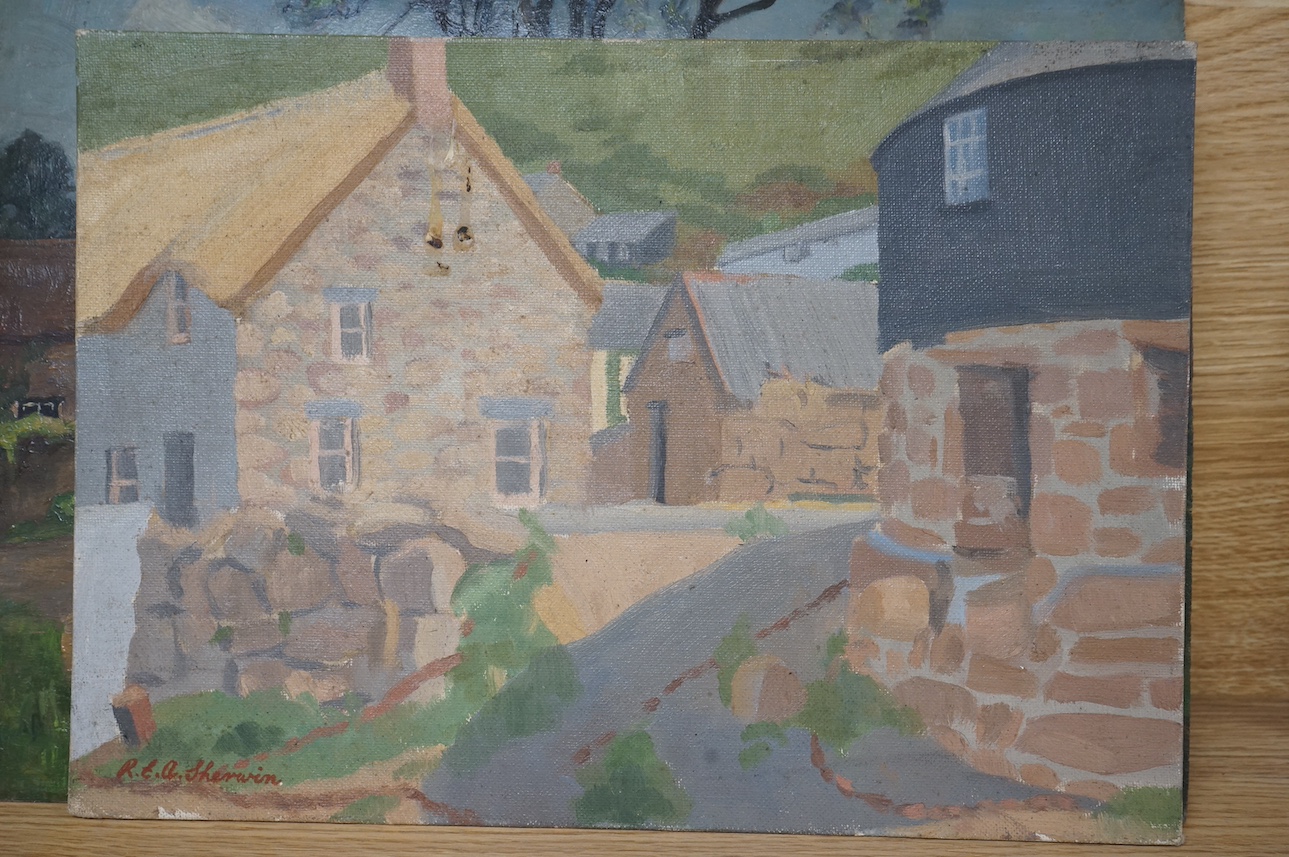 Two 20th century oils on board comprising; Roland E. Sherrington, ‘Sennen Cove, Cornwall’, signed, exhibition label verso and B. Langdon, Village scene, each unframed, largest 29 x 40cm. Condition - fair